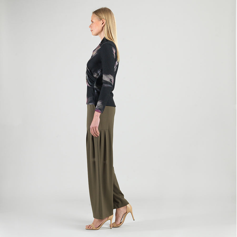 Cozy Knit - V-Neck Draped Pleat Sweater Top - Shadow Brush