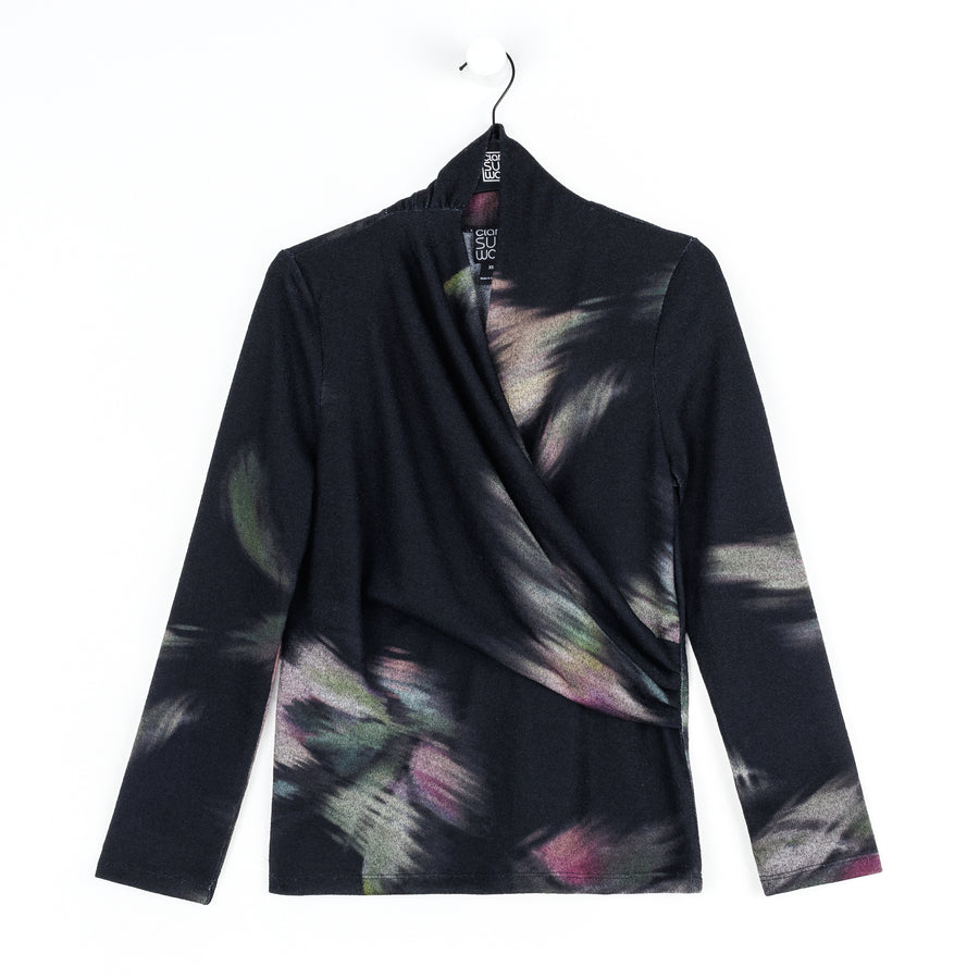 Cozy Knit - V-Neck Draped Pleat Sweater Top - Shadow Brush