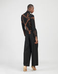 Lightweight Cozy - V-Neck Draped Pleat Sweater Top - Linear Geo