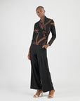 Lightweight Cozy - V-Neck Draped Pleat Sweater Top - Linear Geo