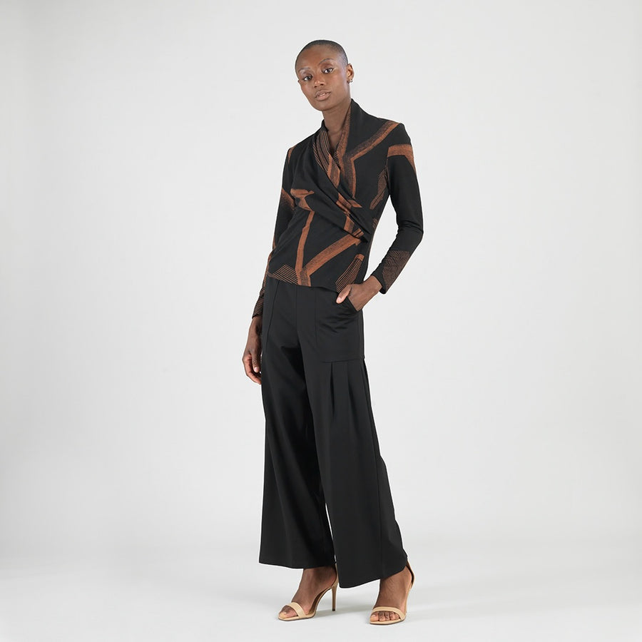 Lightweight Cozy - V-Neck Draped Pleat Sweater Top - Linear Geo
