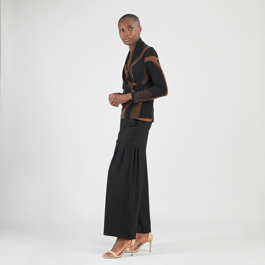 Lightweight Cozy - V-Neck Draped Pleat Sweater Top - Linear Geo
