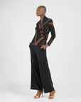 Lightweight Cozy - V-Neck Draped Pleat Sweater Top - Linear Geo