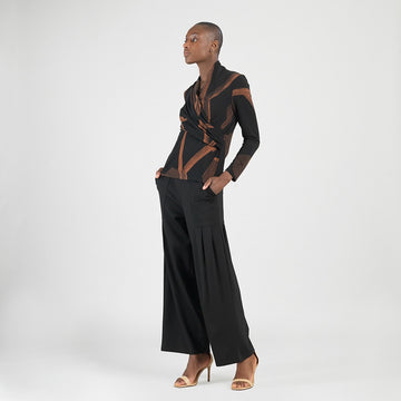 Lightweight Cozy - V-Neck Draped Pleat Sweater Top - Linear Geo