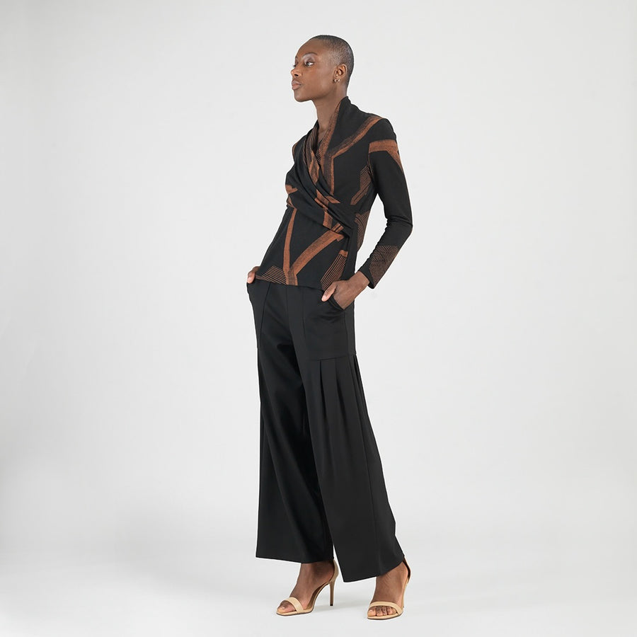 Lightweight Cozy - V-Neck Draped Pleat Sweater Top - Linear Geo