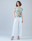 Surplice Crossover Top - Floral Leaves-Beige - Limited Sizes