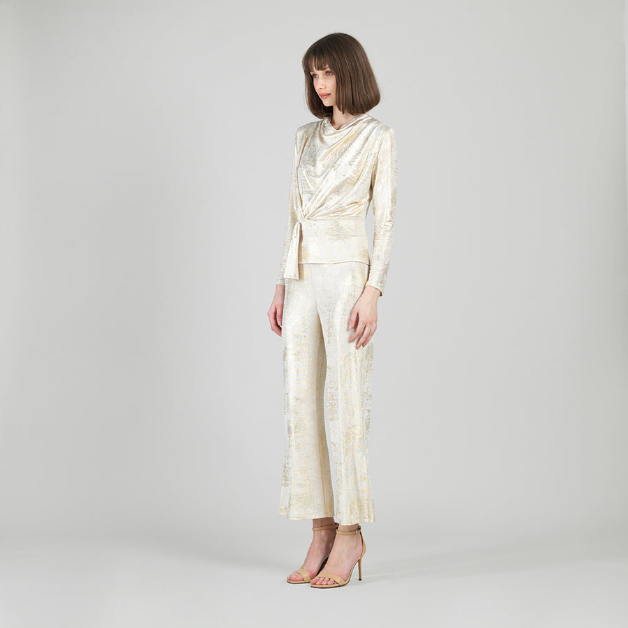 Foil Sheen - Long Sleeve Loop Front Top - Champagne