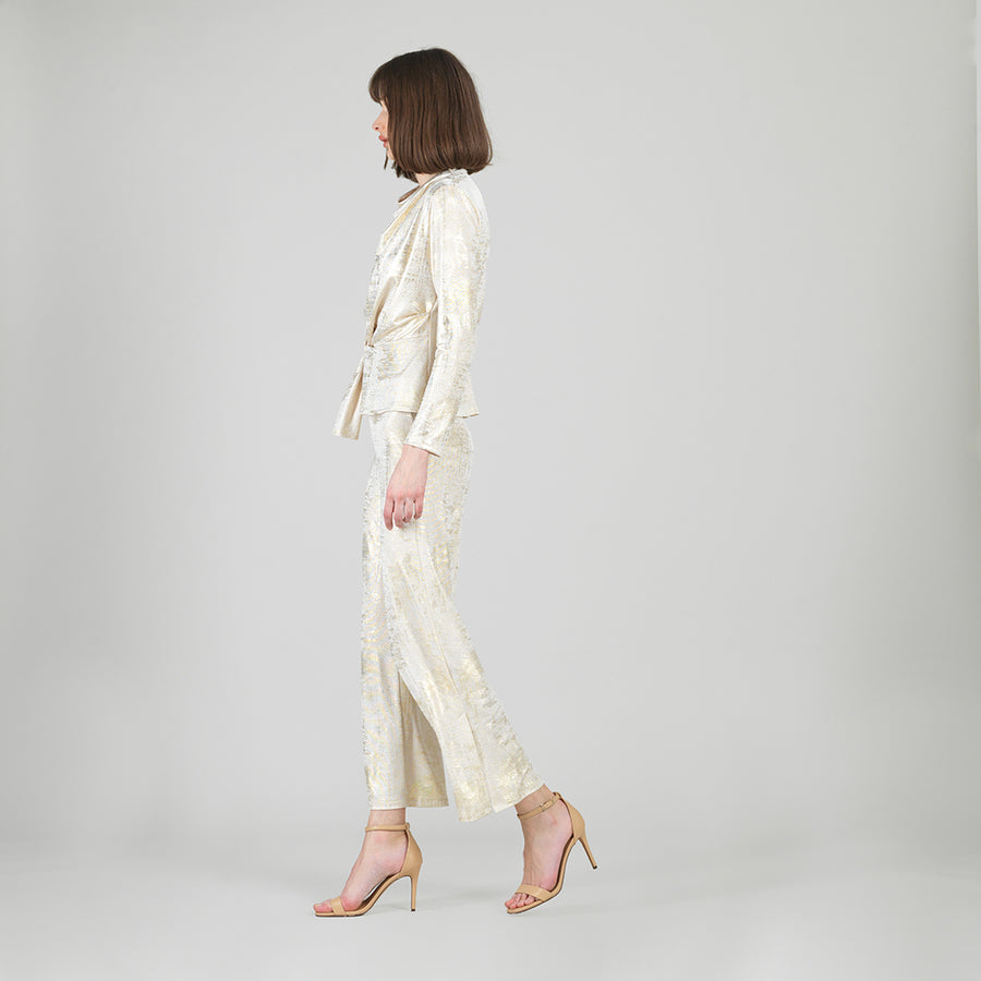 Foil Sheen - Long Sleeve Loop Front Top - Champagne