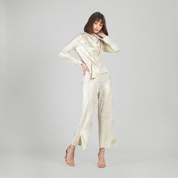Foil Sheen - Long Sleeve Loop Front Top - Champagne