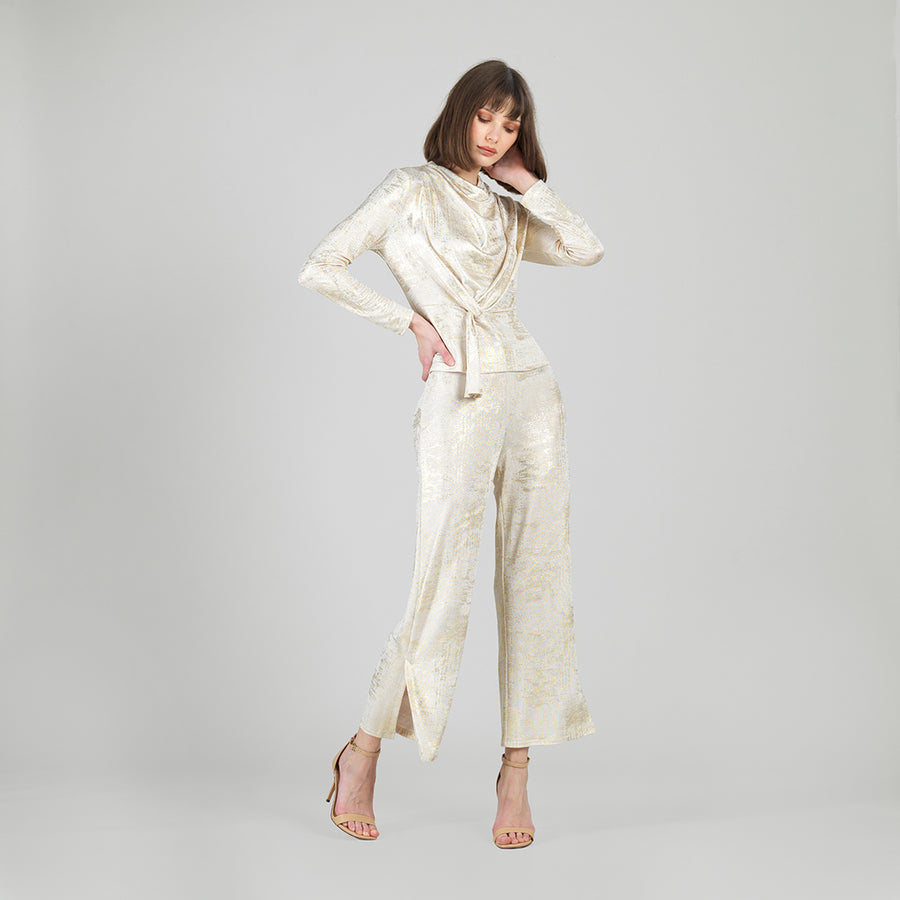 Foil Sheen - Long Sleeve Loop Front Top - Champagne