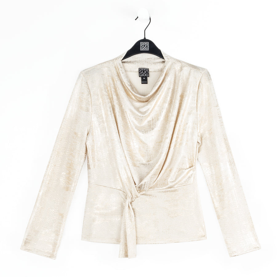 Foil Sheen - Long Sleeve Loop Front Top - Champagne