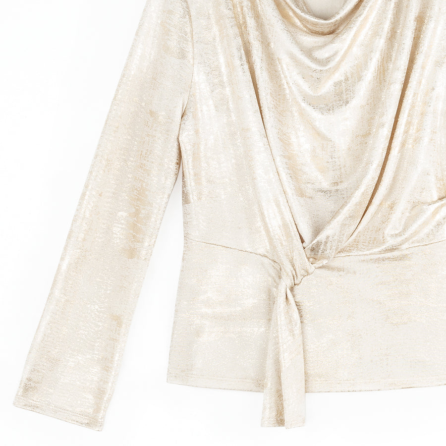 Foil Sheen - Long Sleeve Loop Front Top - Champagne