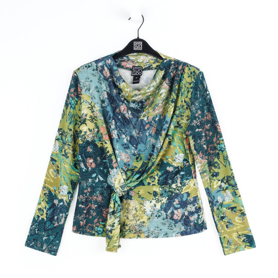 Cozy Texture - Long Sleeve Loop Front Sweater Top - Floral Patch