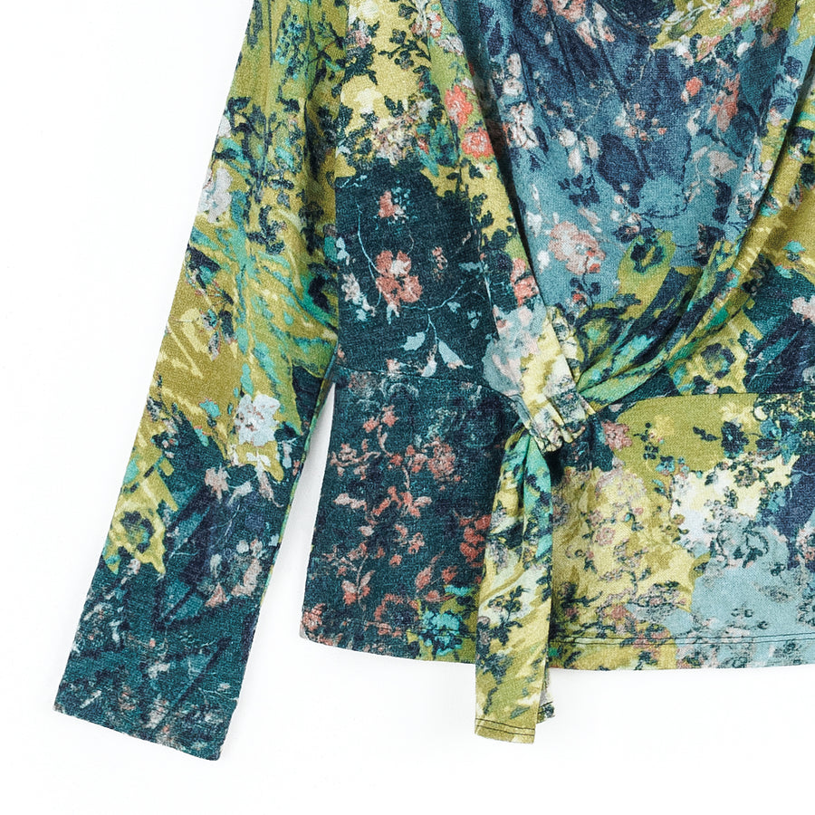 Cozy Texture - Long Sleeve Loop Front Sweater Top - Floral Patch