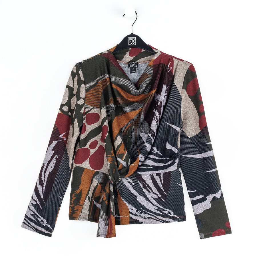 Cozy Knit - Long Sleeve Loop Front Sweater Top - Abstract Harvest