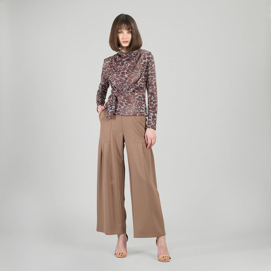 Cozy Knit - Long Sleeve Loop Front Sweater Top - Leopard Motif