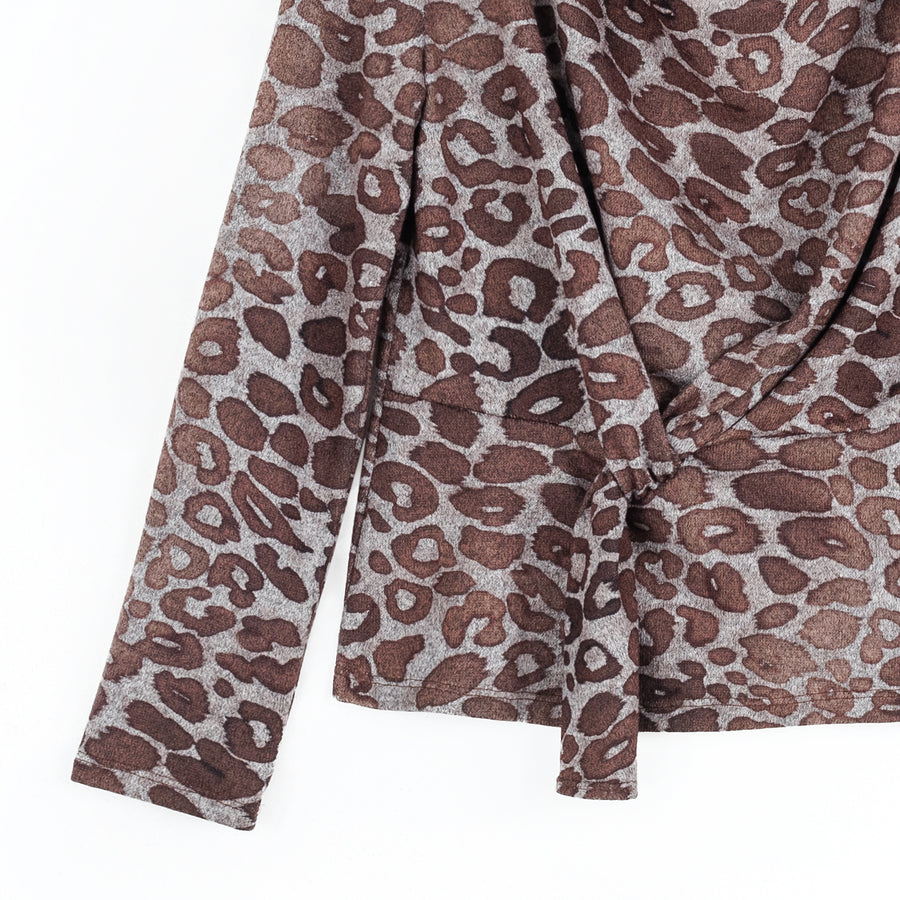 Cozy Knit - Long Sleeve Loop Front Sweater Top - Leopard Motif