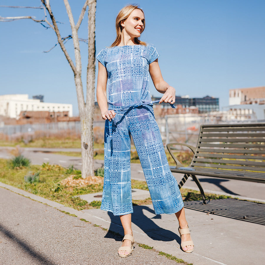 Textured Cap Sleeve Tie Hem Top - Denim Plaid - Final Sale!