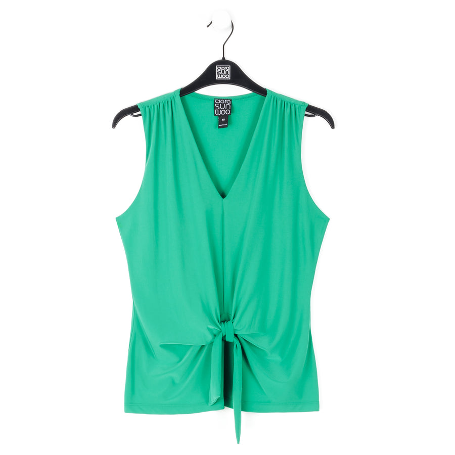 Sleeveless V-Neck Center Front Tie Top - Emerald