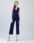 Sleeveless V-Neck Center Front Tie Top - Navy