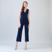 Sleeveless V-Neck Center Front Tie Top - Navy