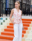 Sleeveless V-Neck Center Front Tie Top - Damask Motif