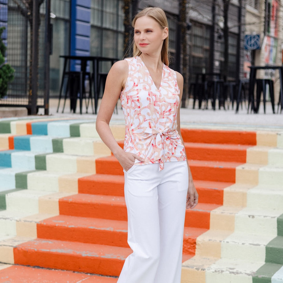 Sleeveless V-Neck Center Front Tie Top - Damask Motif