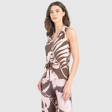 Sleeveless V-Neck Center Front Tie Top - Floral Stem