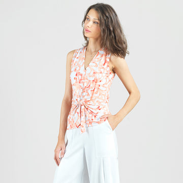 Sleeveless V-Neck Center Front Tie Top - Damask Motif - Limited Sizes