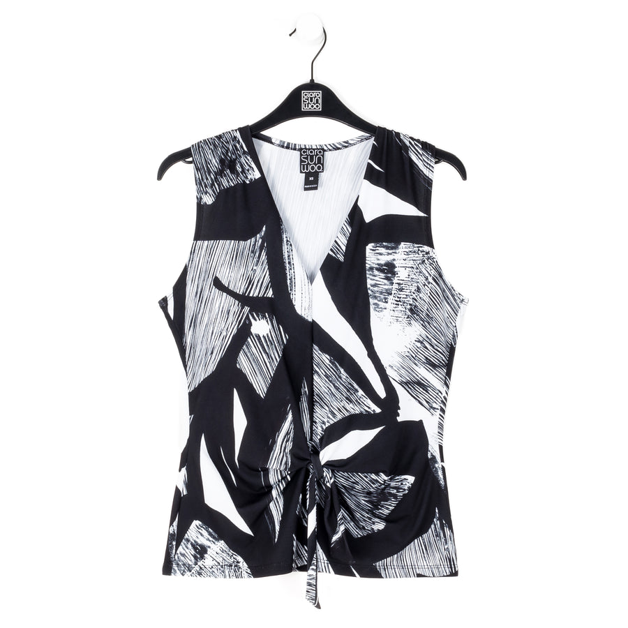 Sleeveless V-Neck Center Front Tie Top - Geo Sketch