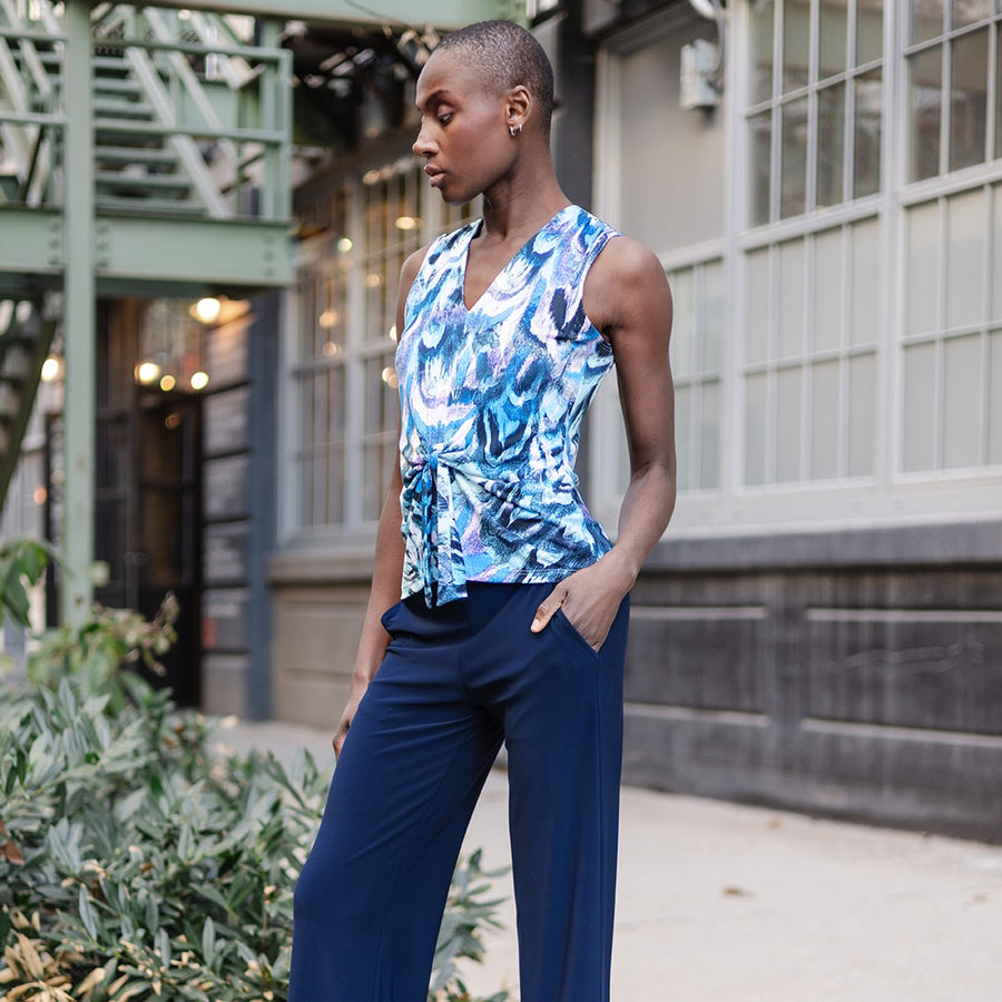 Sleeveless V-Neck Center Front Tie Top - Abstract Prism