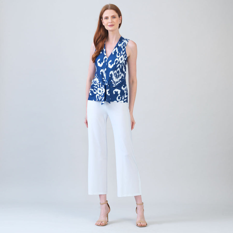 Butter Knit - Sleeveless V-Neck Center Front Tie Top - Tile Motif