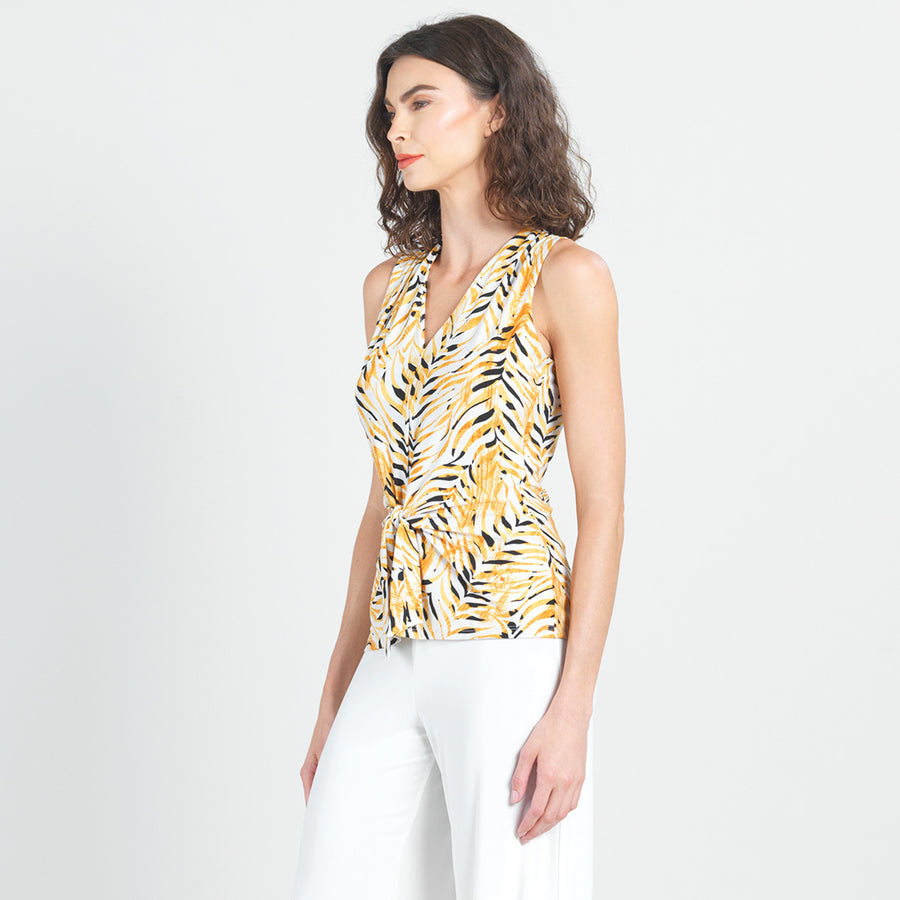 Sleeveless V-Neck Center Front Tie Top - Wild Leaves