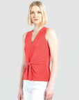 Sleeveless V-Neck Center Front Tie Top - Coral