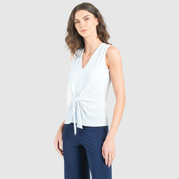 Sleeveless V-Neck Center Front Tie Top - White