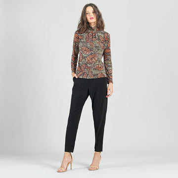 Mock Neck Pleated Detail Top - Mosaic Leaves - Final Sale!