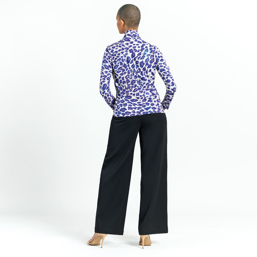 Foil Knit - Mock Neck Pleated Detail Top - Plum Cheetah