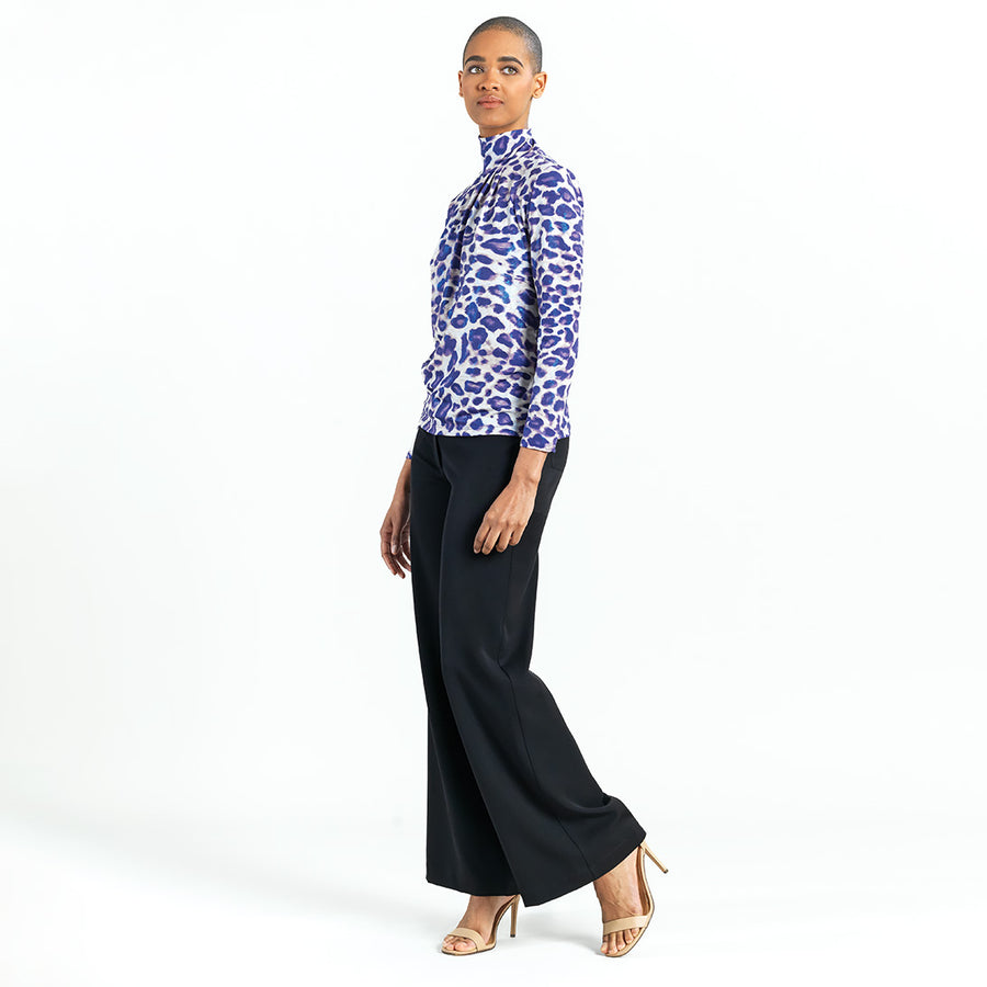 Foil Knit - Mock Neck Pleated Detail Top - Plum Cheetah