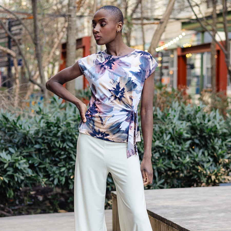 Gauze Knit - Slant Sleeve Side Tie Top - Petal Whisper