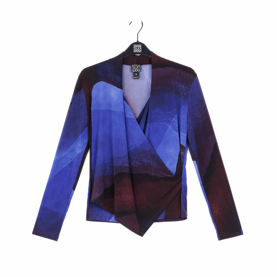 Long Sleeve Crossover Faux Wrap Top - Purple Watercolor - Final Sale!