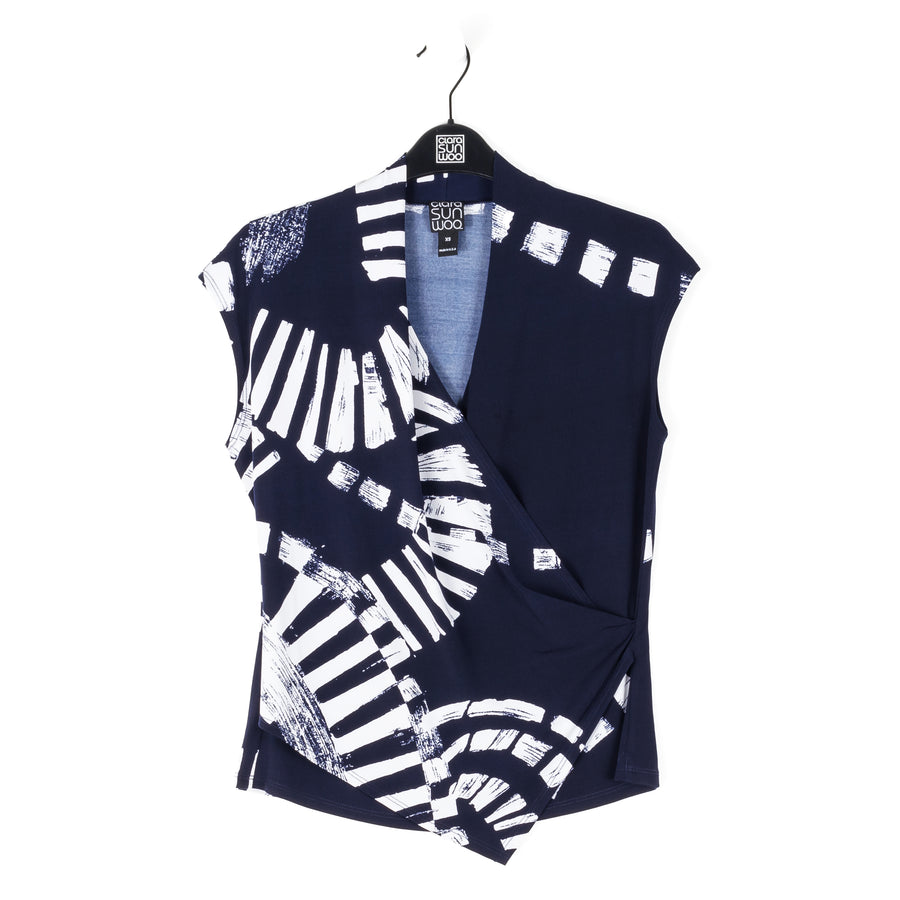 Crossover Faux Wrap Top - Track Line-Navy