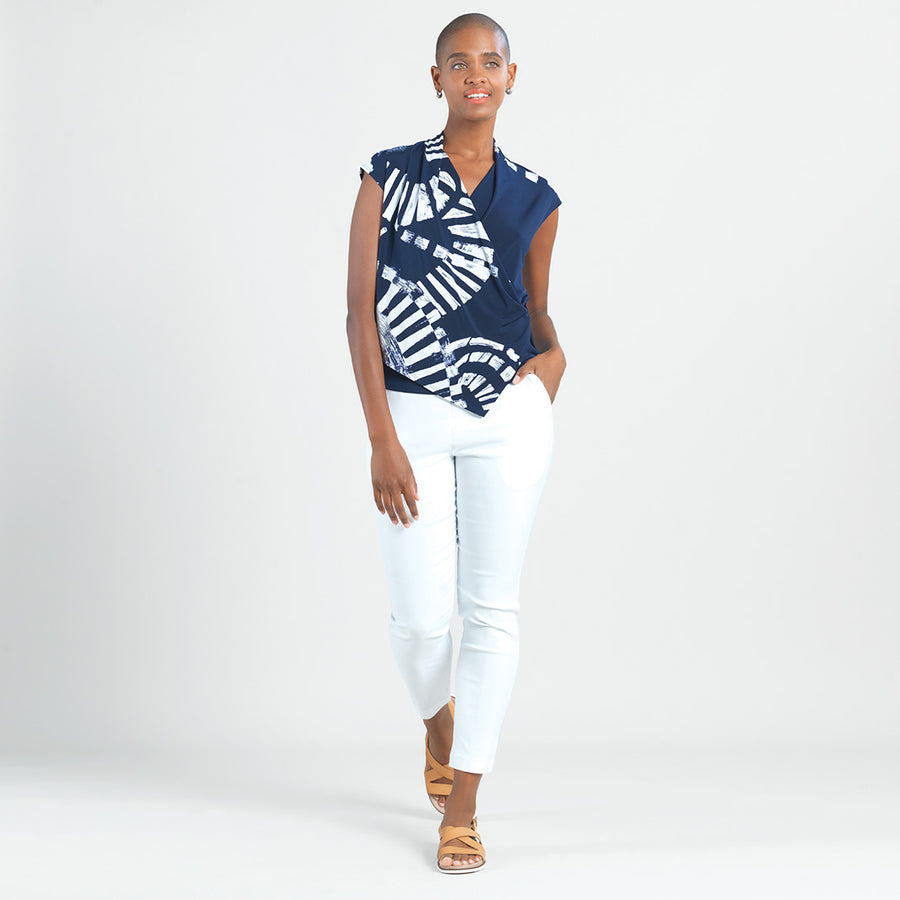 Crossover Faux Wrap Top - Track Line-Navy