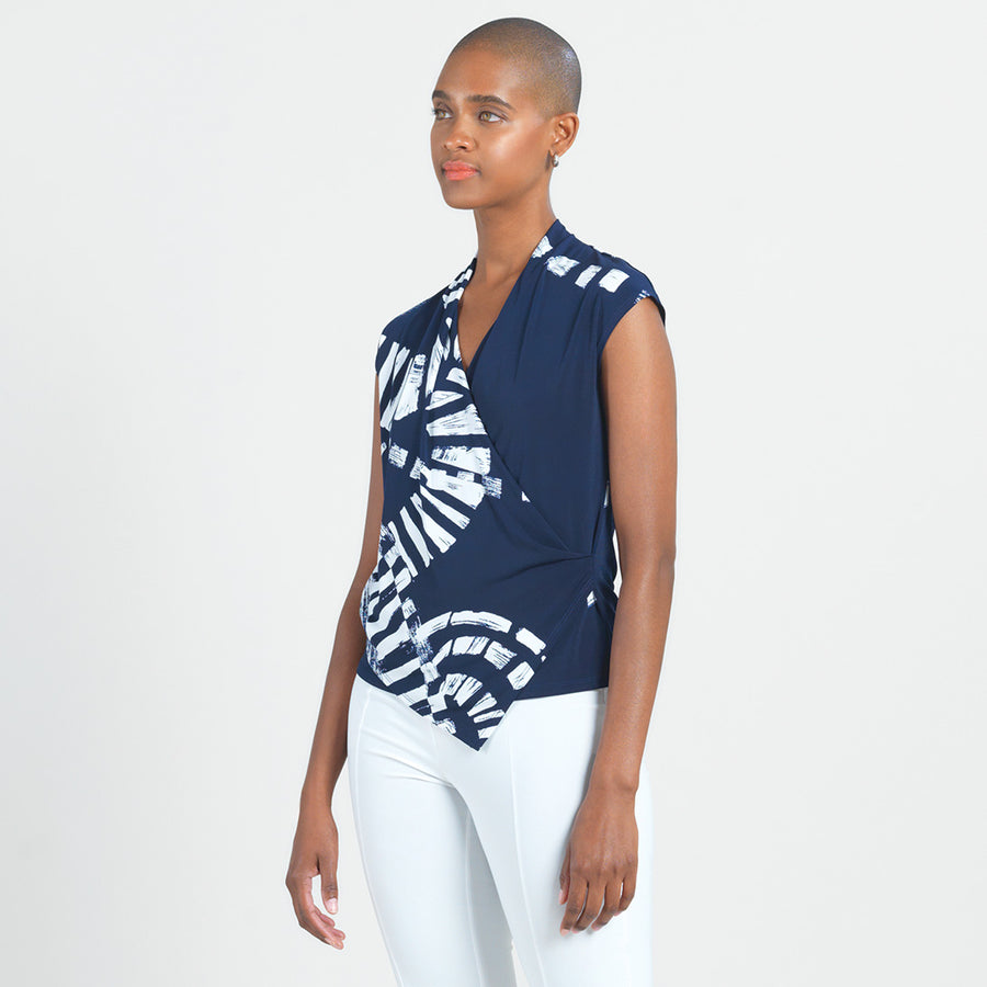 Crossover Faux Wrap Top - Track Line-Navy