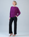 Heathered Knit - Boat Neck Blouson Sweater - Magenta