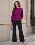 Heathered Knit - Boat Neck Blouson Sweater - Magenta
