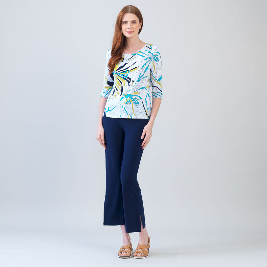 Scoop Neck Half Sleeve Top - Floral Leaves-White - Limited Sizes