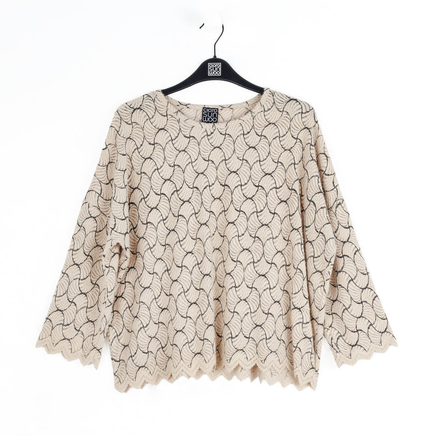 Crochet Knit - Scallop Hem Box Sweater Top - Fan Shell