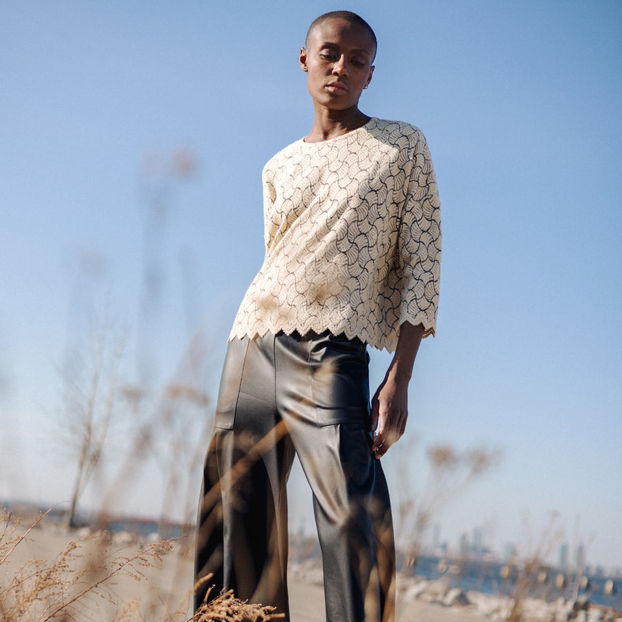 Crochet Knit - Scallop Hem Box Sweater Top - Fan Shell