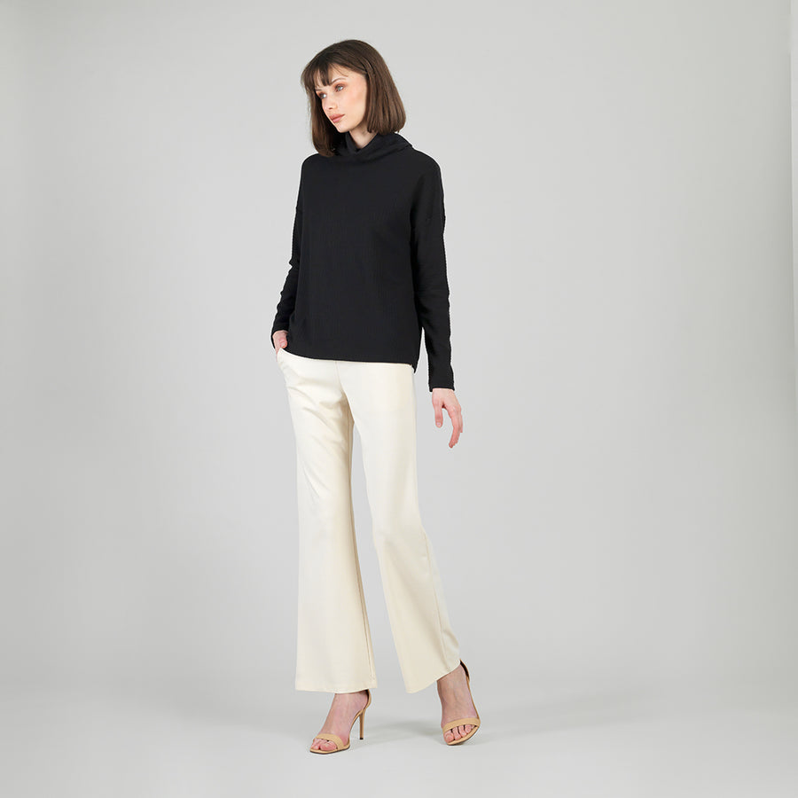 Soft Ribbed - Cowl Turtleneck Sweater Top - Black