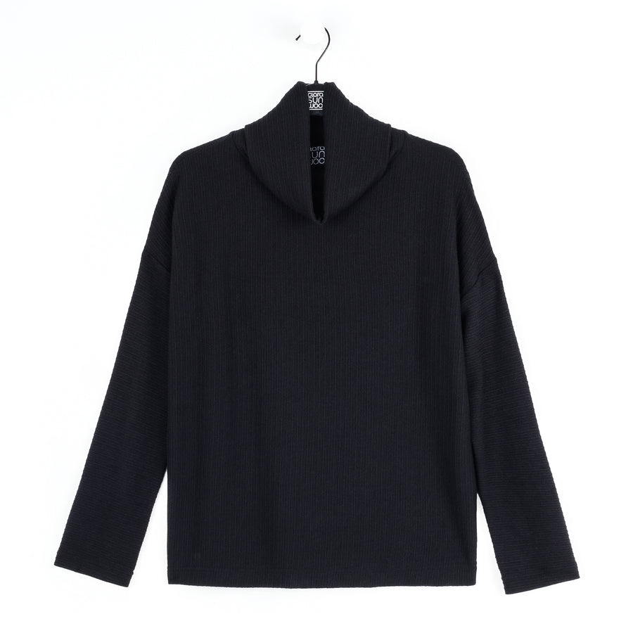 Soft Ribbed - Cowl Turtleneck Sweater Top - Black